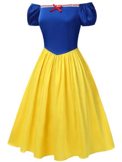 Hot Retro Stage 1950s Off-Shoulder Puff Sleeve Princess Bow Dress Yellow & Blue
