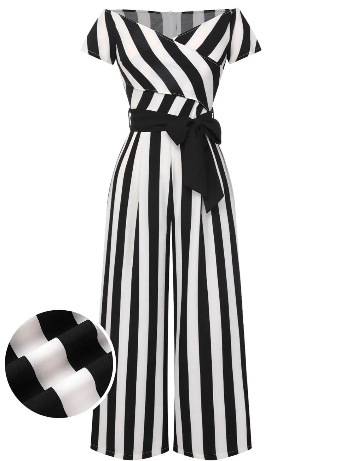 Clearance Retro Stage 1960s Off-Shoulder Wide Stripe Jumpsuit Black