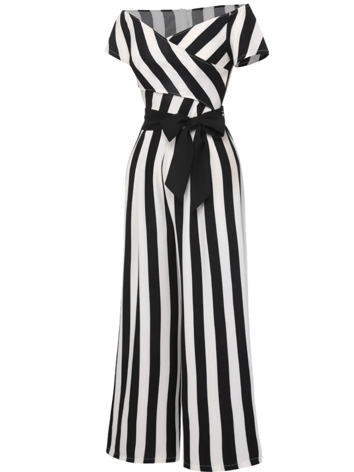 Clearance Retro Stage 1960s Off-Shoulder Wide Stripe Jumpsuit Black