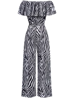 Best Retro Stage 1930s Off-Shoulder Zebra Stripe Jumpsuit Black