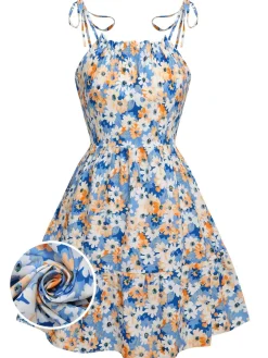 Sale Retro Stage 1960s Oil Painting Daisy Shoulder Tie Dress Multicolor