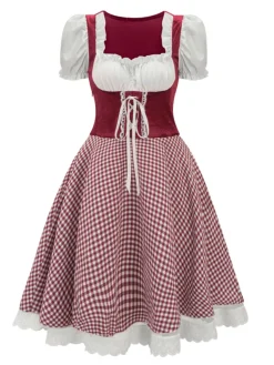 Sale Retro Stage 1950s Oktoberfest Puff Sleeves Gingham Plaid Dress