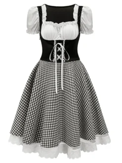 Sale Retro Stage 1950s Oktoberfest Puff Sleeves Gingham Plaid Dress