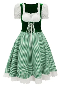 Sale Retro Stage 1950s Oktoberfest Puff Sleeves Gingham Plaid Dress