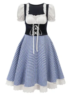 Sale Retro Stage 1950s Oktoberfest Puff Sleeves Gingham Plaid Dress