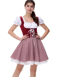 Sale Retro Stage 1950s Oktoberfest Puff Sleeves Gingham Plaid Dress