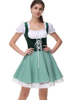 Sale Retro Stage 1950s Oktoberfest Puff Sleeves Gingham Plaid Dress