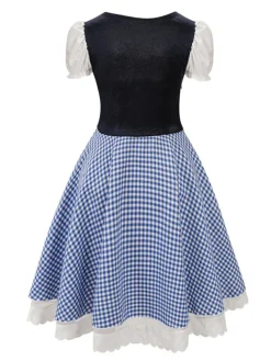 Sale Retro Stage 1950s Oktoberfest Puff Sleeves Gingham Plaid Dress