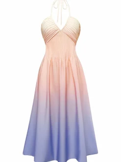 Clearance Retro Stage 1940s Ombre Deep V-Neck Halter Dress Multicolor