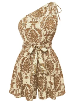 Online Retro Stage 1950s One Shoulder Floral Print Belted Romper Light Brown