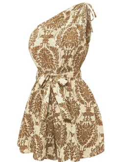 Online Retro Stage 1950s One Shoulder Floral Print Belted Romper Light Brown