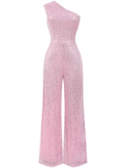 Fashion Retro Stage 1930s One Shoulder Glitter Solid Jumpsuit