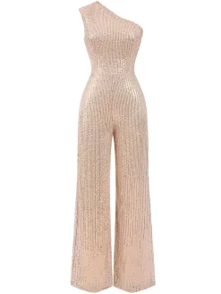 Fashion Retro Stage 1930s One Shoulder Glitter Solid Jumpsuit