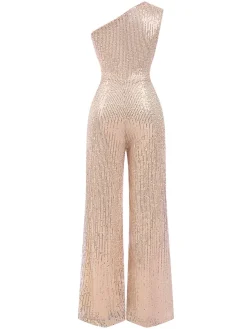 Fashion Retro Stage 1930s One Shoulder Glitter Solid Jumpsuit