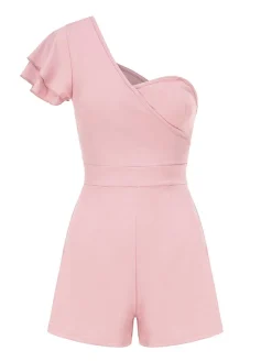 Outlet Retro Stage 1950s One Shoulder Ruffles Solid Romper