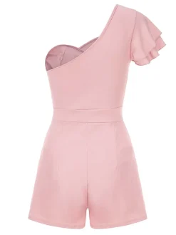 Outlet Retro Stage 1950s One Shoulder Ruffles Solid Romper