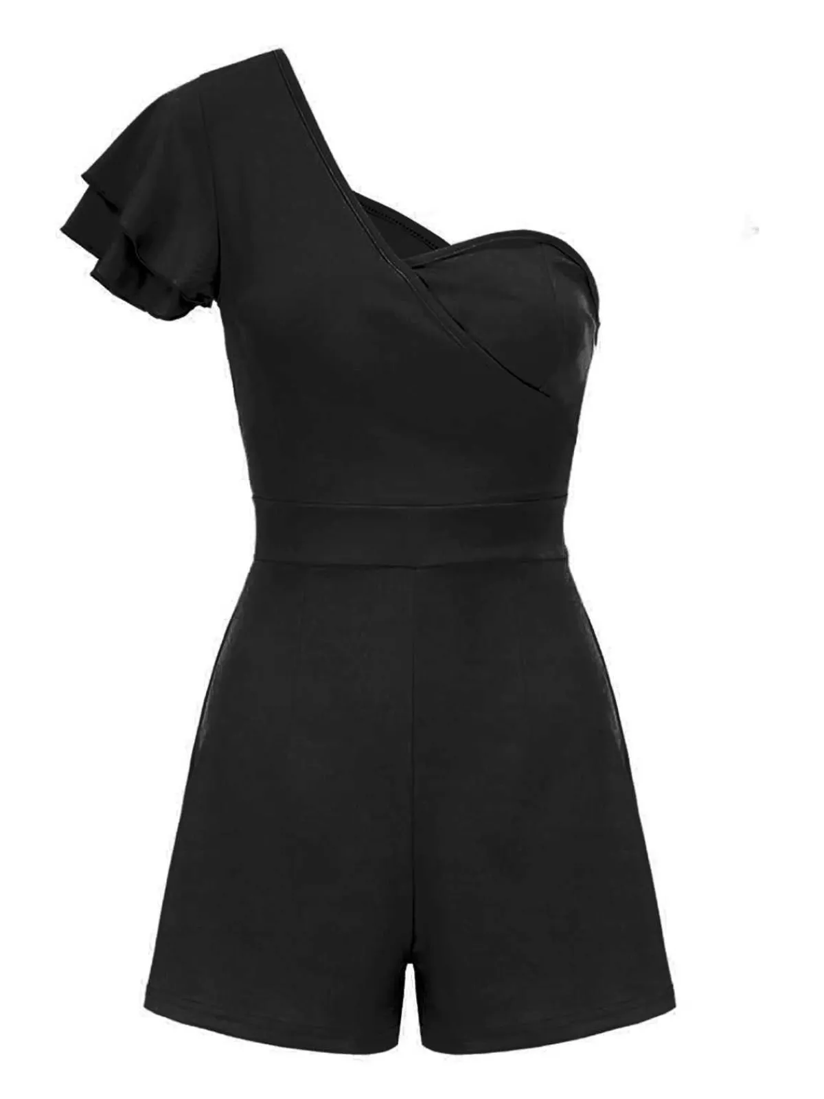 Outlet Retro Stage 1950s One Shoulder Ruffles Solid Romper