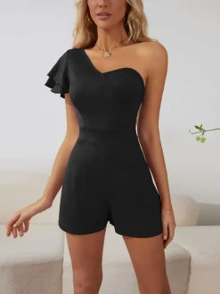 Outlet Retro Stage 1950s One Shoulder Ruffles Solid Romper