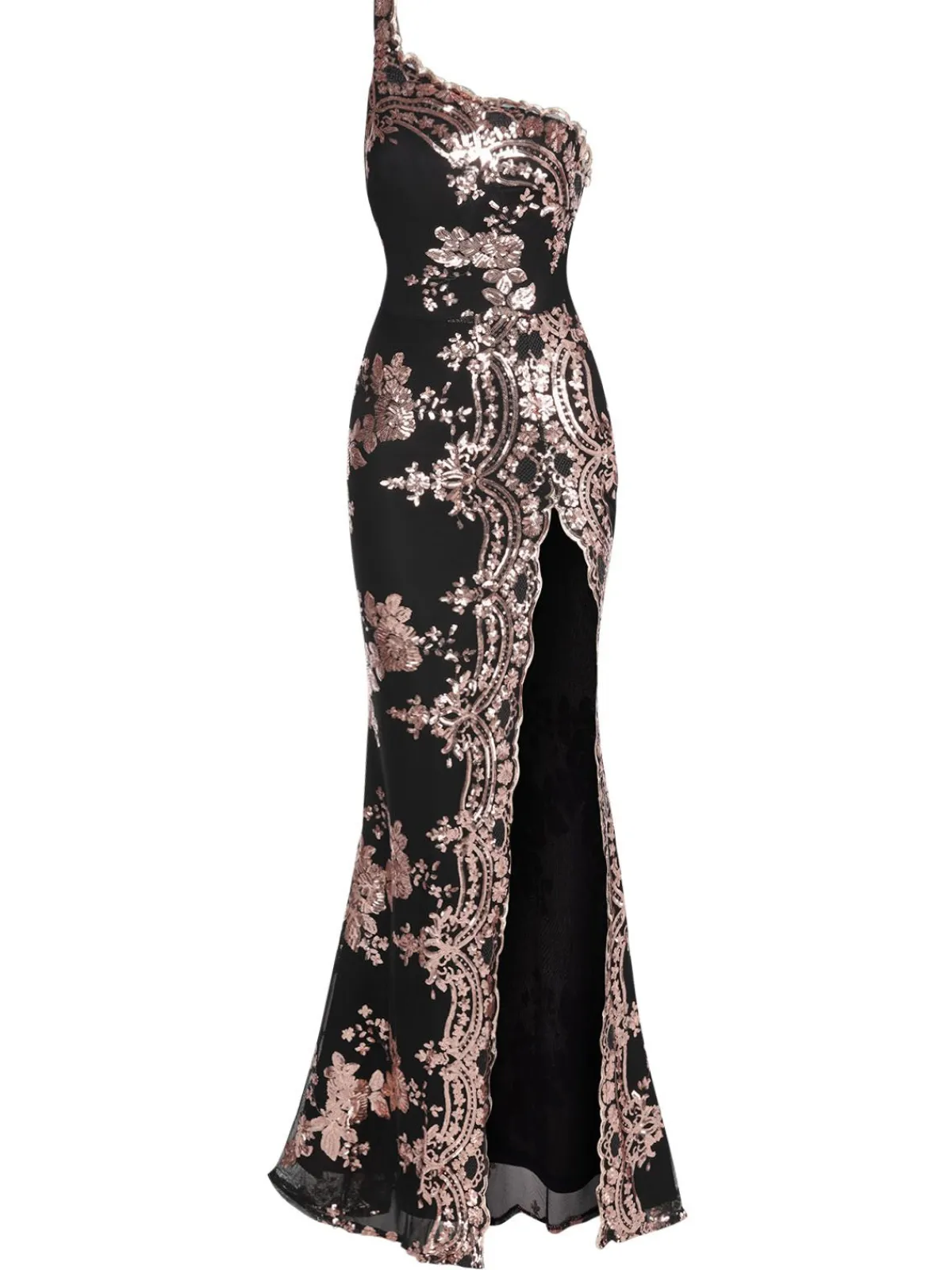 Best Retro Stage 1930s One Shoulder Sequined Floral Slit Dress
