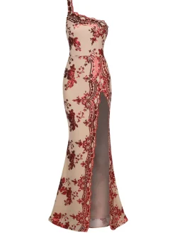 Best Retro Stage 1930s One Shoulder Sequined Floral Slit Dress