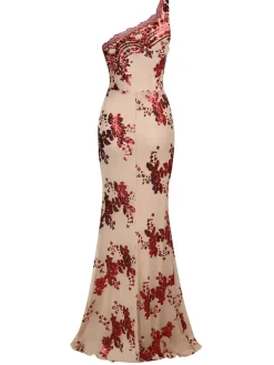 Best Retro Stage 1930s One Shoulder Sequined Floral Slit Dress