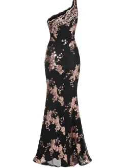 Best Retro Stage 1930s One Shoulder Sequined Floral Slit Dress