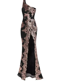 Best Retro Stage 1930s One Shoulder Sequined Floral Slit Dress