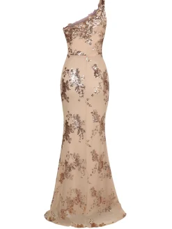 Best Retro Stage 1930s One Shoulder Sequined Floral Slit Dress