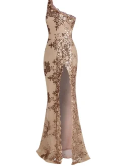 Best Retro Stage 1930s One Shoulder Sequined Floral Slit Dress