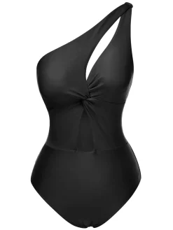 Discount Retro Stage 1930s One-Shoulder Cut-Out Solid One-Piece Swimsuit
