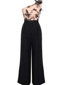 Discount Retro Stage 1930s One-shoulder Lace Butterfly Jumpsuit Black