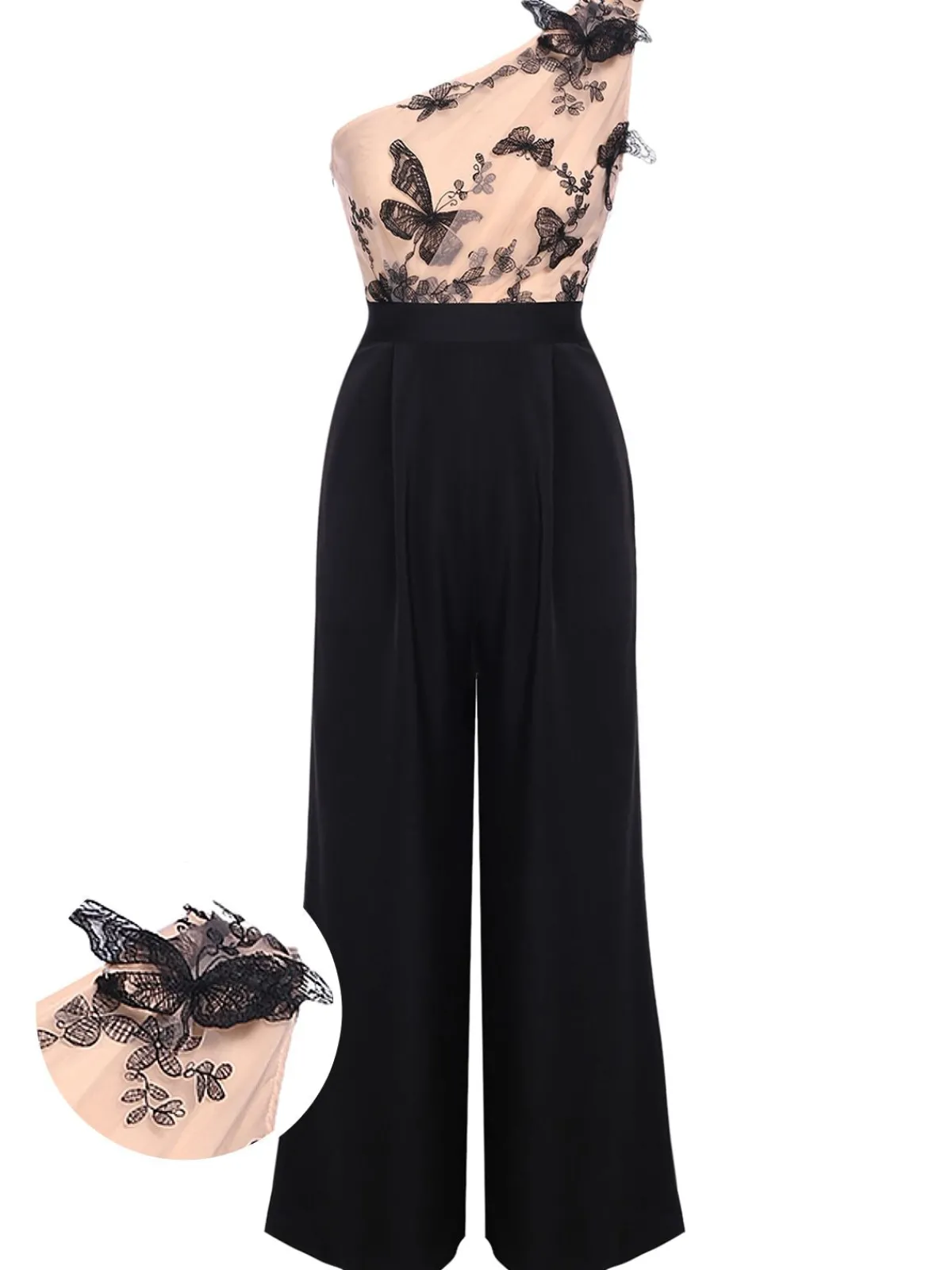 New Retro Stage 1950s One-shoulder Lace Butterfly Jumpsuit Black