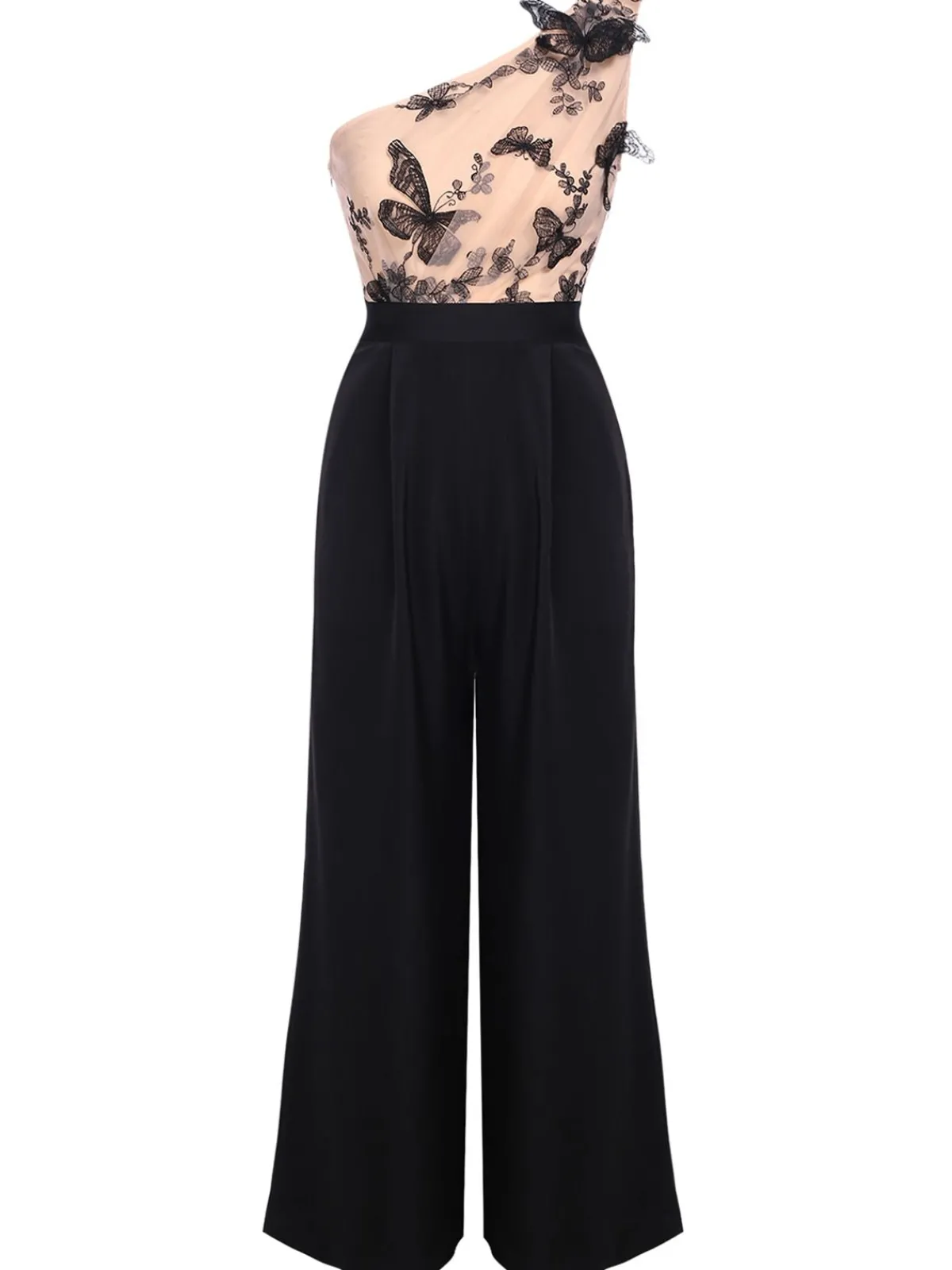 New Retro Stage 1950s One-shoulder Lace Butterfly Jumpsuit Black