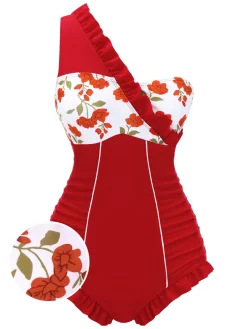 Discount Retro Stage 1950s One-shoulder Ruffle One-piece Swimsuit Red