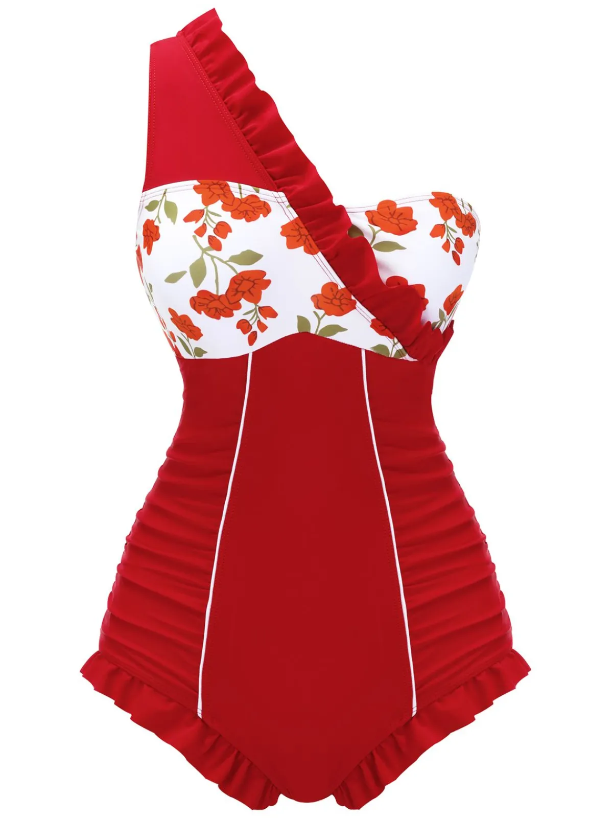 Discount Retro Stage 1950s One-shoulder Ruffle One-piece Swimsuit Red