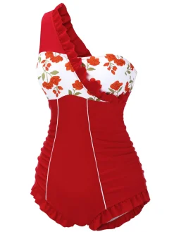 Discount Retro Stage 1950s One-shoulder Ruffle One-piece Swimsuit Red