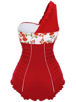 Discount Retro Stage 1950s One-shoulder Ruffle One-piece Swimsuit Red