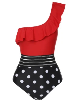 Online Retro Stage 1960s One-Shoulder Ruffles Polka Dots Swimsuit Multicolor