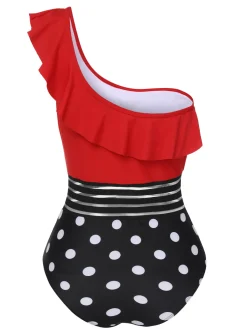Online Retro Stage 1960s One-Shoulder Ruffles Polka Dots Swimsuit Multicolor