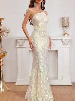 Fashion Retro Stage 1920s One-Shoulder Sequined Evening Dress Beige