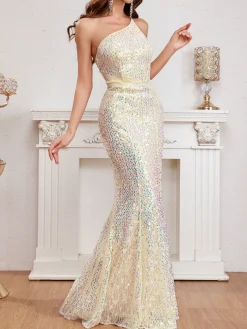 Fashion Retro Stage 1920s One-Shoulder Sequined Evening Dress Beige