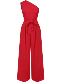 Discount Retro Stage 1930s One-Shoulder Solid Bind Jumpsuit