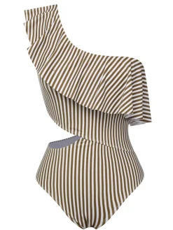 Fashion Retro Stage 1970s One-Shoulder Stripes Ruffles One-Piece Swimsuit Brown