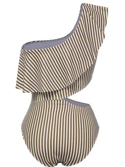 Fashion Retro Stage 1970s One-Shoulder Stripes Ruffles One-Piece Swimsuit Brown