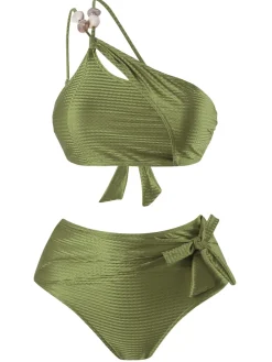 Discount Retro Stage 1950s One-Shoulder Textured Fabric Beading Bikini Set