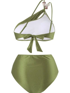 Discount Retro Stage 1950s One-Shoulder Textured Fabric Beading Bikini Set