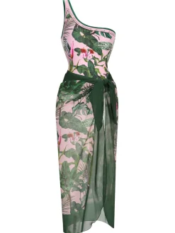 Sale Retro Stage 1960s One-Shoulder Tropical Swimsuit & Cover-Up Multicolor