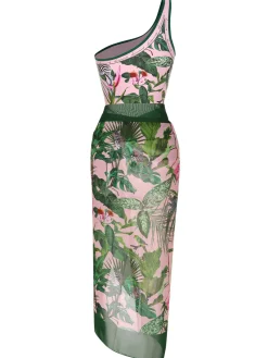 Sale Retro Stage 1960s One-Shoulder Tropical Swimsuit & Cover-Up Multicolor