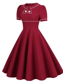 Discount Retro Stage 1950s Patchwork Button Swing Vintage Dress