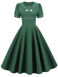 Discount Retro Stage 1950s Patchwork Button Swing Vintage Dress